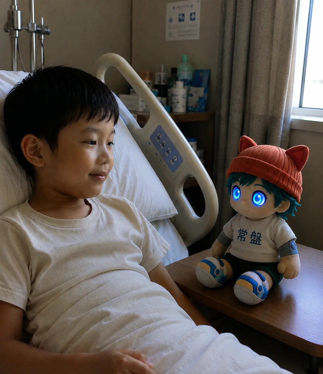 A boy in a hospital bed with the TOKIWA Bedside plush companion watching over him, eyes softly lit