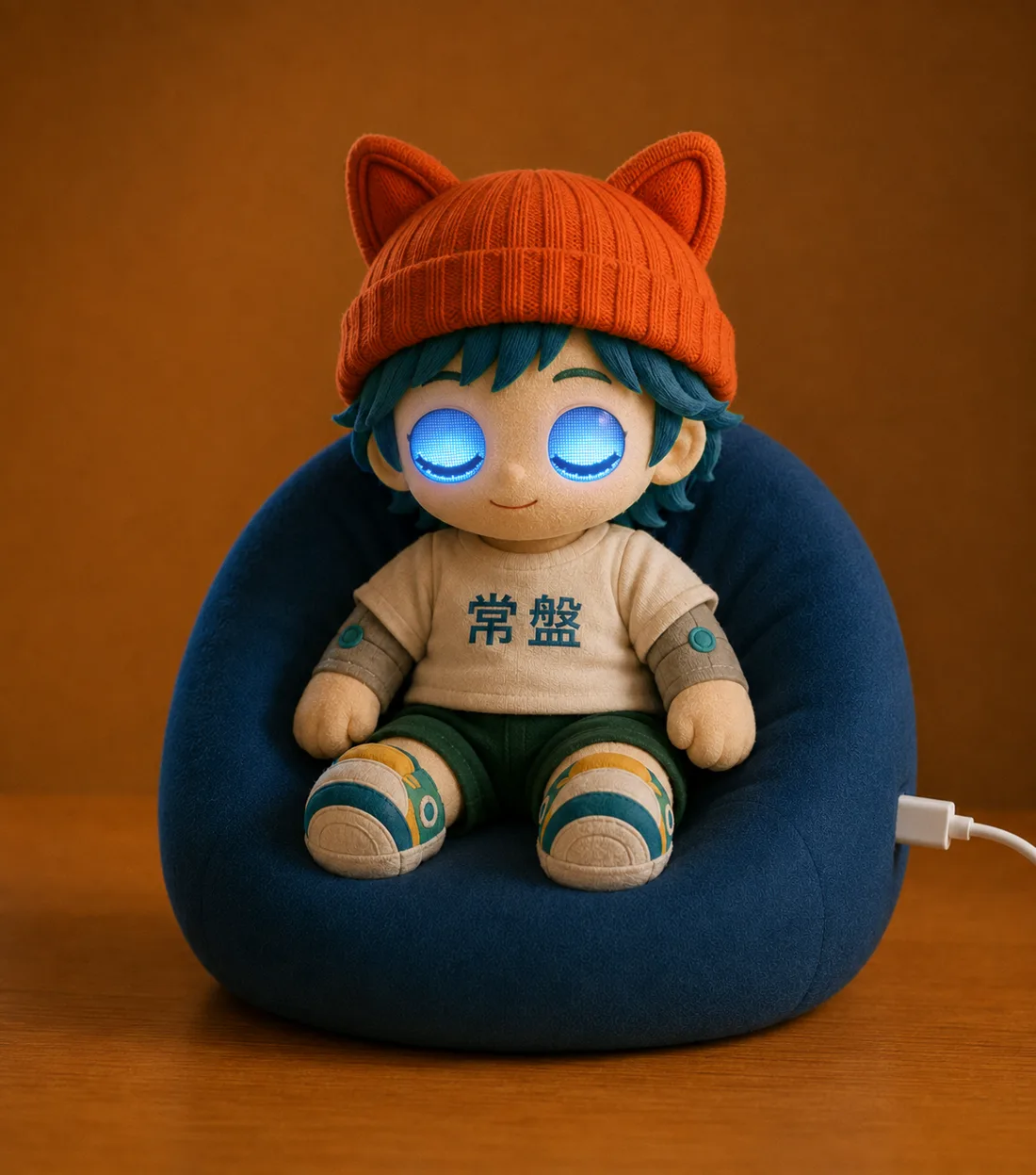 TOKIWA Bedside plush seated in its blue beanbag charging dock, LED eyes aglow
