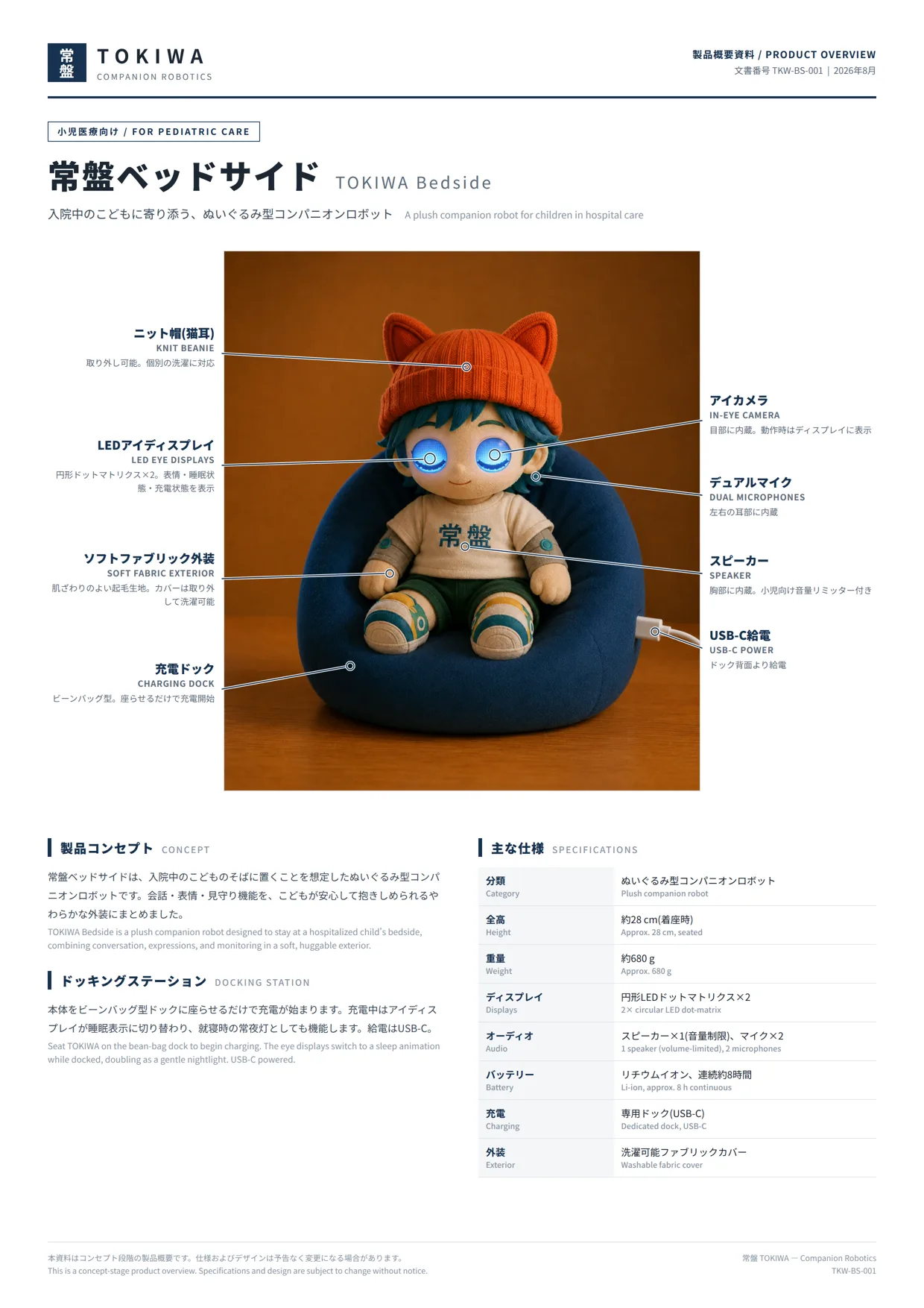 常盤ベッドサイド product sheet — knit beanie, LED eye display, camera eyes, dual microphones, USB-C dock