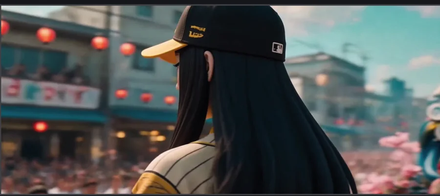 Heroine 1 — the batter, over-the-shoulder in a gold-brimmed ball cap
