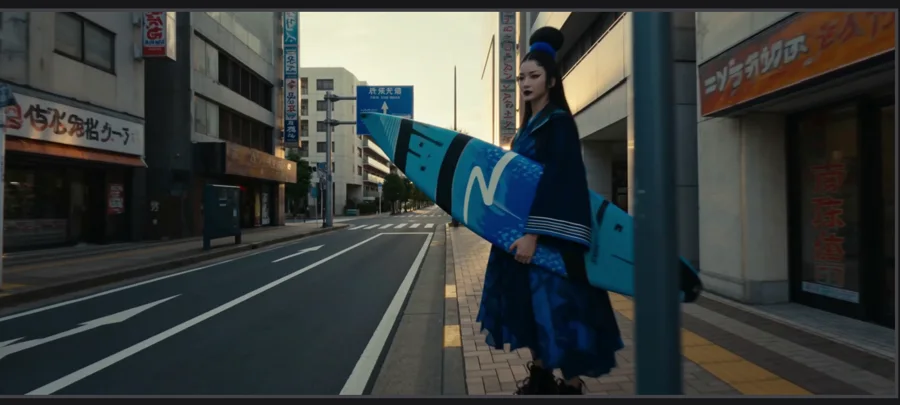 Heroine 3 — the indigo surfer carrying her board at first light