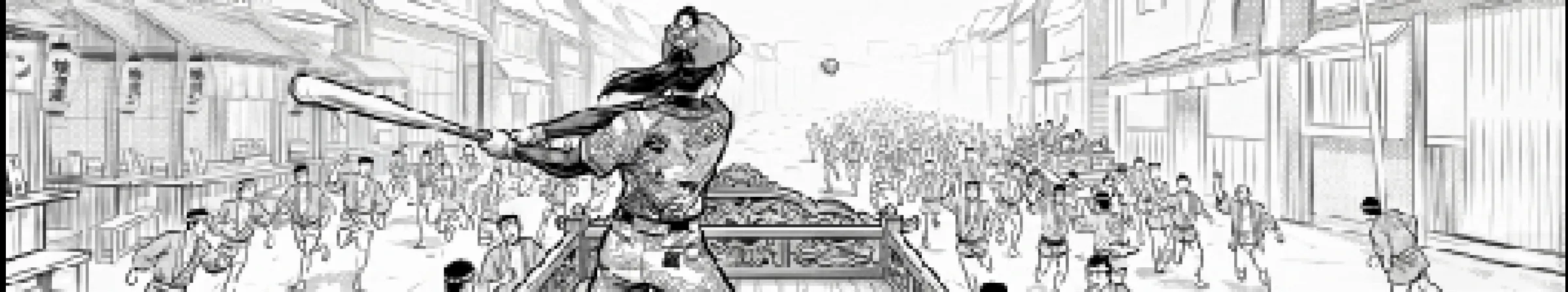 Hand-drawn frame 02 — the slugger swings above the festival crowd