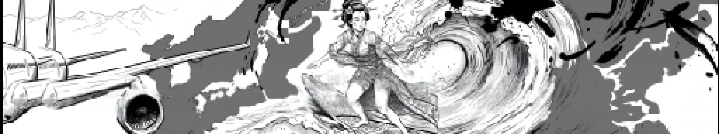 Hand-drawn frame 03 — dancer and plane carried across the great wave