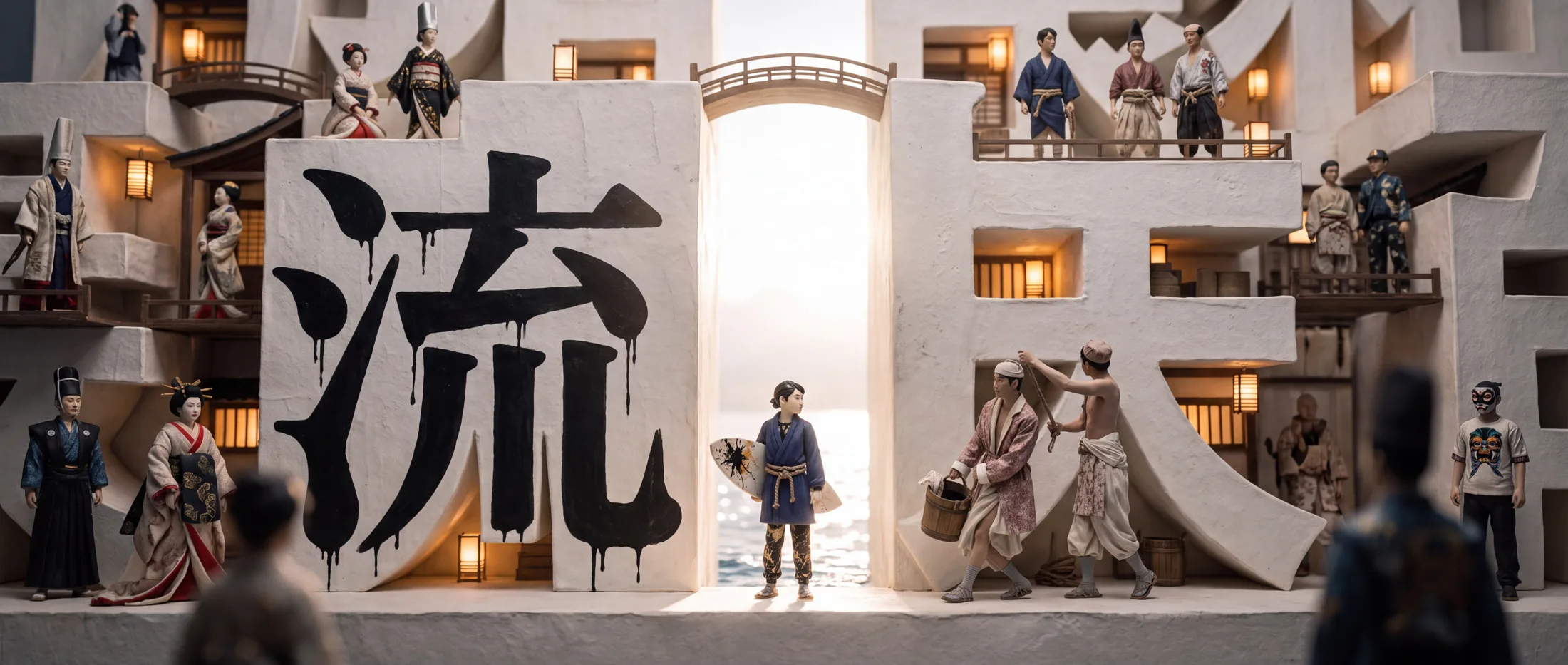 Hakata doll craftspeople at work in a miniature scene