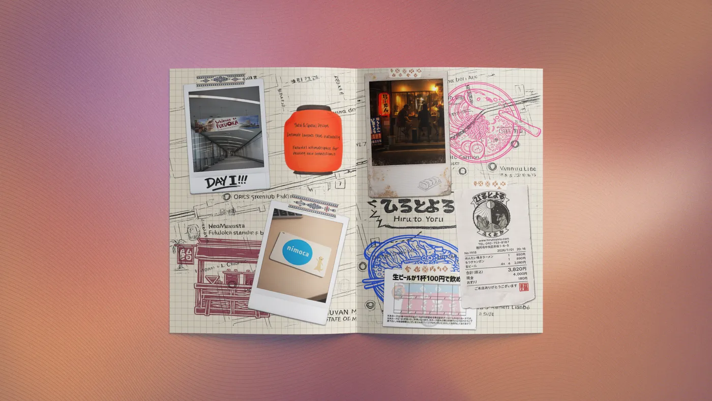 Day 1 spread — collaged tickets, polaroids and drawings from a Fukuoka morning