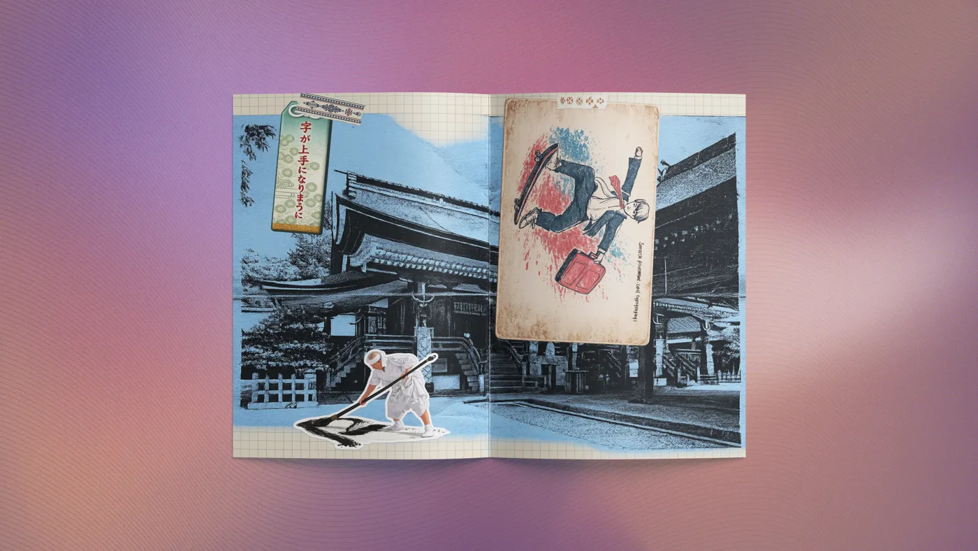Temple spread — architecture and a leaping figure across the gutter
