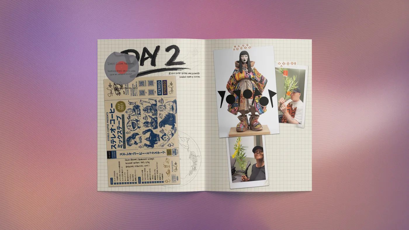 Day 2 spread — posters, stamps and doll portraits